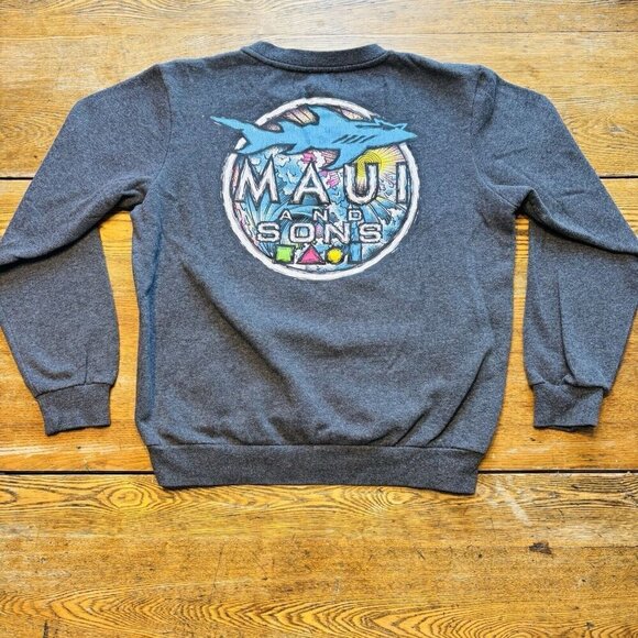 Maui And Sons Crewneck Sweatshirt Mens Small Grey Surf Shark Graphic Long Sleeve - Picture 11 of 12
